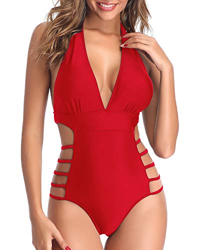Stylish Hourglass Body Type One Piece Swimsuits Plunge V Neck Halter Bathing Suits-Red