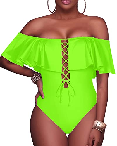 Chic Flounce Off The Shoulder One Piece Swimsuit For Girls-Neon Green