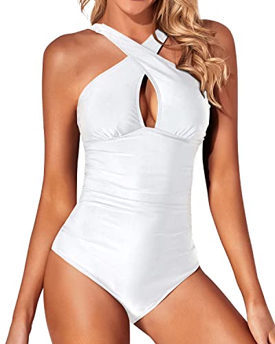 Elegant Backless Design One Piece Front Cross Keyhole Swimsuits-White