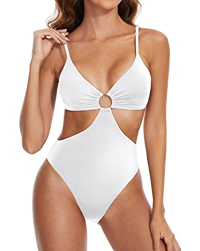 Women One Piece Mesh High Neck Halter Monokini Swimsuit-White