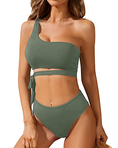 Trendy High Cut Two Piece One Shoulder Tie Waisted Bikini Set-Olive Green