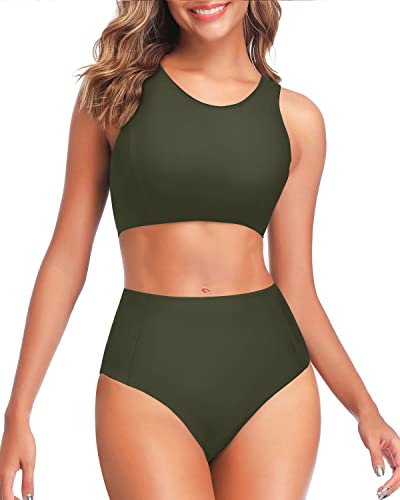 High Waisted Bikini Swimsuits Bottom-Army Green