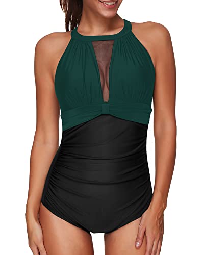 Elegant Ruched Push-Up One Piece Swimsuit For Women-Green And Black