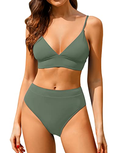 Classic High Waisted Bikini Set Two Piece Triangle Bathing Suits-Olive Green