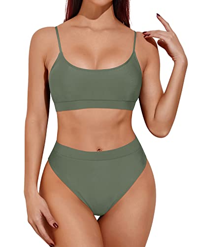 High Cut Cheeky Two Piece High Waisted Bikini-Army Green