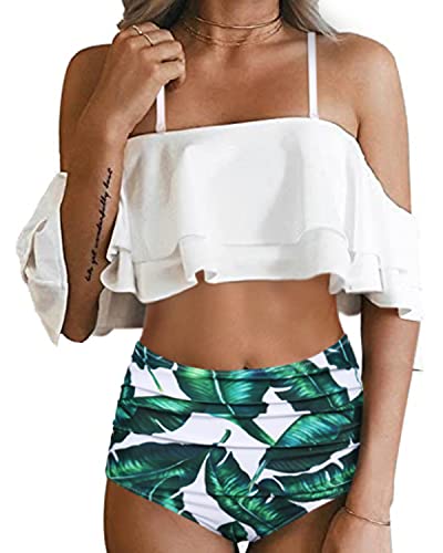 Fashionable Off Shoulder Tummy Control Bikini Set-White Leaf