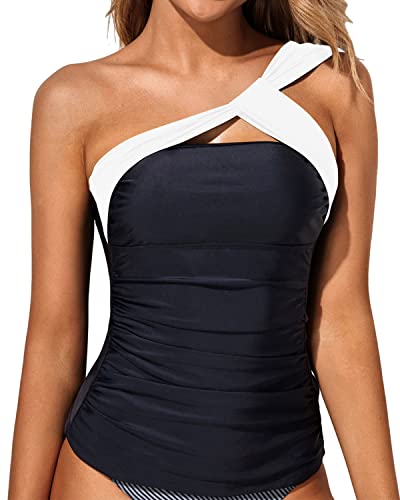 Eye-Catching One Shoulder Swim Top Asymmetric Cut Swim Tops-White