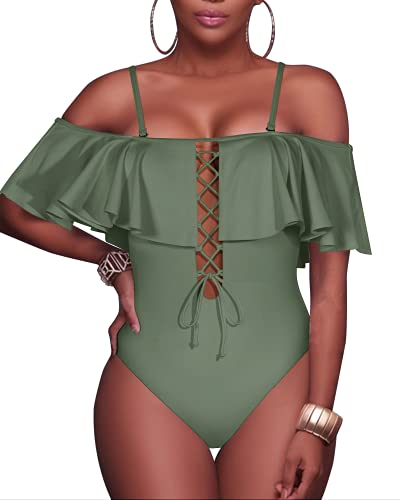 Sexy Lace-Up Off The Shoulder One Piece Swimsuit For Women-Olive Green