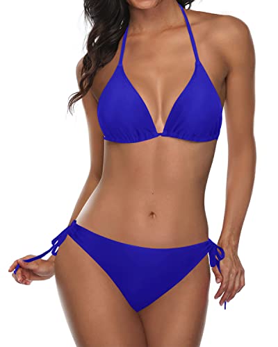 Sexy Triangle Bikini Set Halter Top And Tie Side Bottom 2 Piece Bikini Sets-Royal Blue