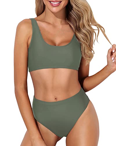 Crop Top High Waisted Bikini Set Sports Two Piece Bikini For Women-Army Green