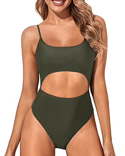 Lace-Up Adjustable Spaghetti Straps One Piece Swimsuits-Army Green