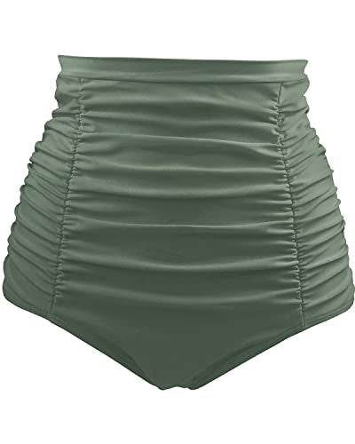 Vintage Style High Waisted Swim Bottom For Women-Olive Green