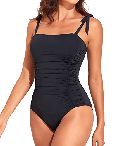 Women Tummy Control One Piece Swimsuits Halter Vintage Swimwear-Black