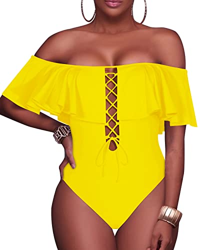 Sexy Removable Strap Lace-Up One Piece Bathing Suit-Neon Yellow