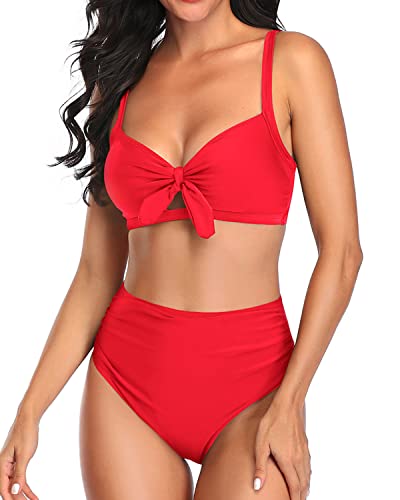 Cute Two Piece Bikini Set Tummy Control Ruched Bikini-Neon Red