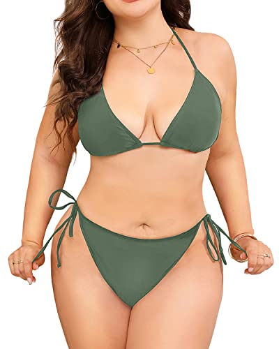 Women's Sexy Mid-Waist Plus Size String Triangle Bikini-Olive Green
