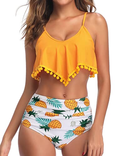 Two Piece Bathing Suit Tropical Prints Ruffle Swimsuit For Women-Yellow Pineapple