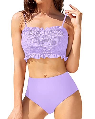 Tummy Control High Cut Bikini Bottom And Ruffled Bikini-Light Purple