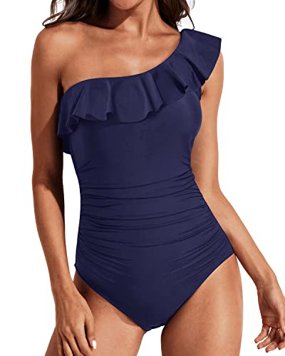 Vintage Women's Tummy Control Ruffle One Shoulder Swimsuit-Navy Blue