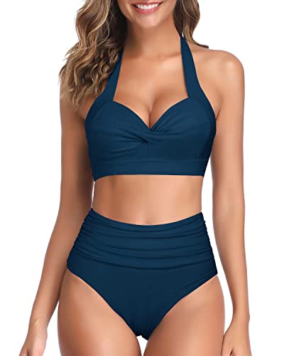Two Piece Self-Tie Halter Neck Pleated Front Panel Push Up Bikini-Teal