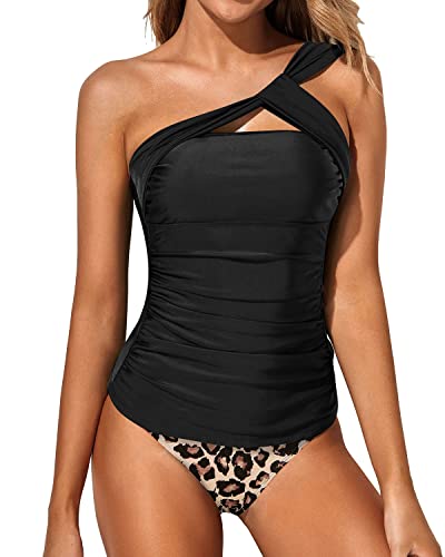 Stylish Two Piece Tankini Bathing Suits One Shoulder Swim Top Shorts Swimsuits-Black And Leopard