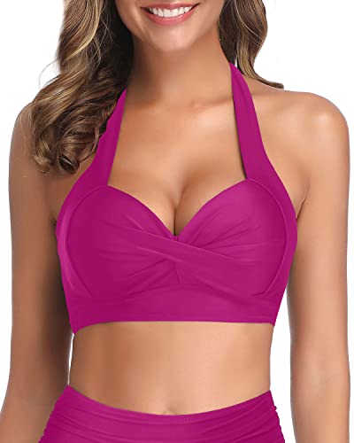 Clasp Hook Retro Bathing Suit Top-Hot Pink