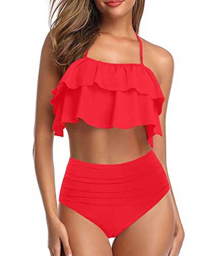 Flattering Ruffle Halter Bikini Set Tummy Control Bottoms For Teen Girls-Neon Red