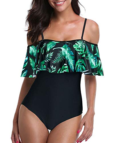 Flattering Flounce Off Shoulder One Piece Bathing Suit-Black And Green Leaves