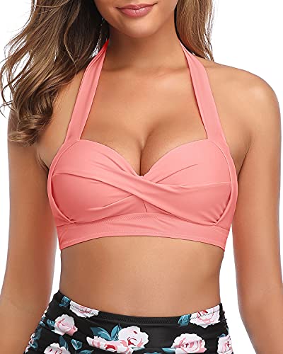 Sexy High Quality Halter Retro Bikini Top For Women-Coral Pink