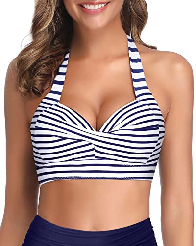 Mix And Match Retro Padded Swimsuit Top-Blue And White Stripes