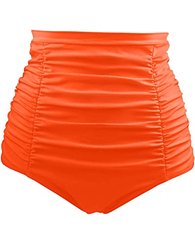 Stylish High Waisted Tankini Briefs Tummy Control Ruched Swim Shorts-Neon Orange