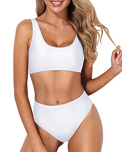 High Waisted Removable Push Up Bikini Crop Top High Cut Swimsuit-White