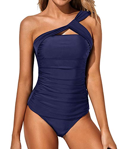 Flattering Two Piece One Shoulder Swim Top Shorts-Navy Blue