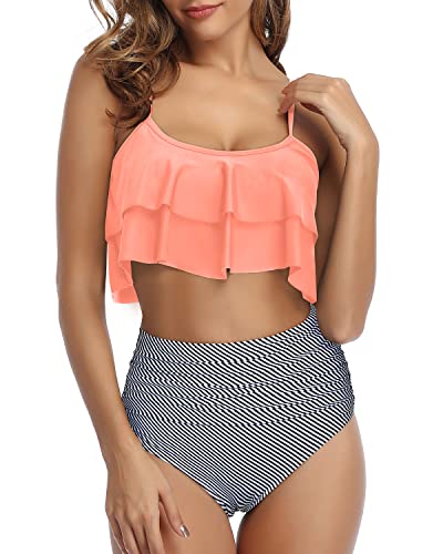 Flattering Ruched Bikini Double Ruffle Top And High Waist Bottom-Coral Pink Stripe