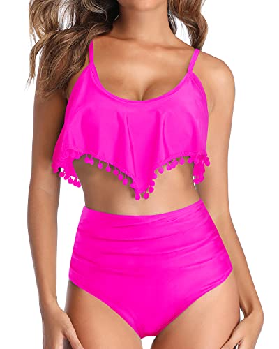 High Waisted Two Piece Bikini Pompom Trim Ruffle Swimsuit For Women-Neon Pink
