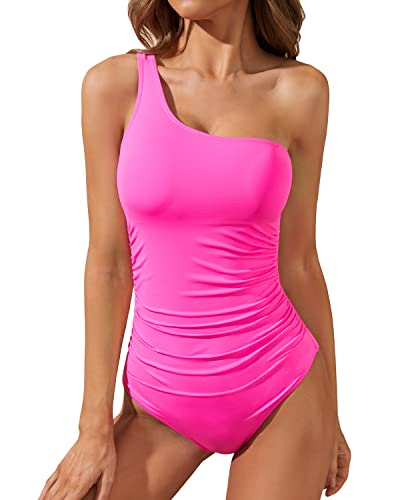 Adjustable Removable Strap One Shoulder One Piece Swimsuits For Women-Neon Pink