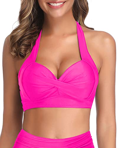 Clasp Hook Closure Push Up Halter Swim Top-Neon Pink