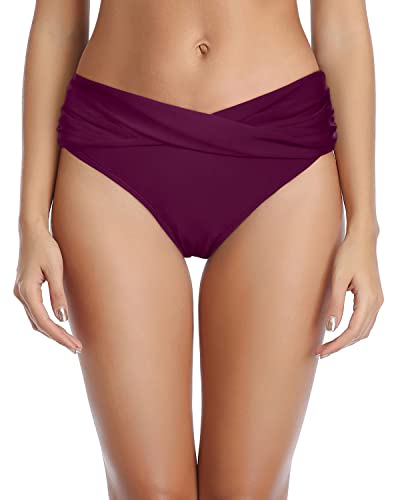 Ruched Swimsuit Bottom High Cut Bathing Suit Bottoms For Curvy Women-Maroon