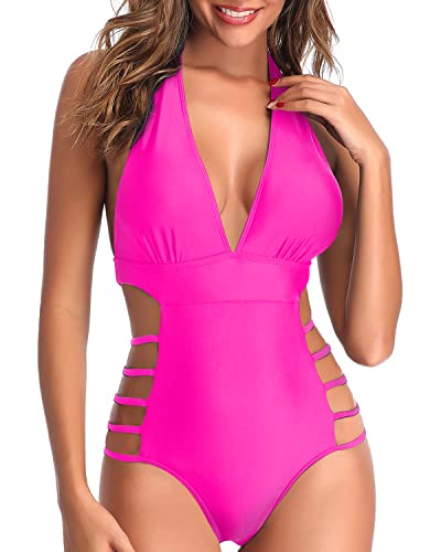 Stunning Plunge V Neck Monokini High Leg Cut Out String Swimwear-Neon Pink