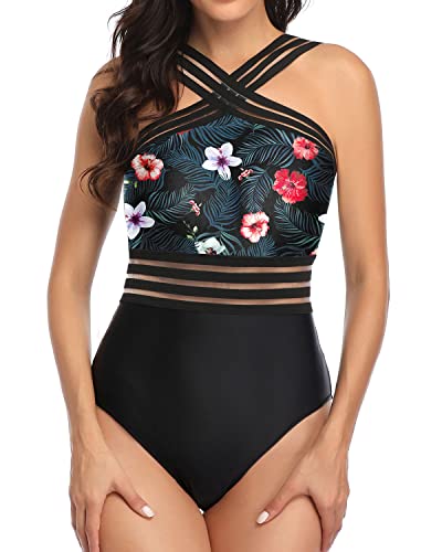 Tummy Control Mesh Panel One Piece Front Crossover Swimwear-Black Floral