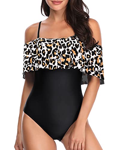 Women's Long Torso Off Shoulder One Piece Swimsuits-Black And Leopard