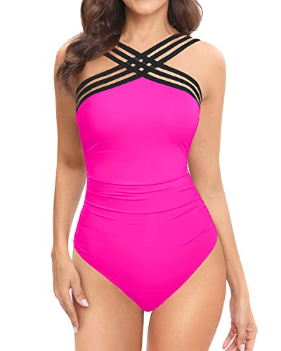 Slimming Tummy Control Crisscross One Piece Swimsuit For Women-Neon Pink