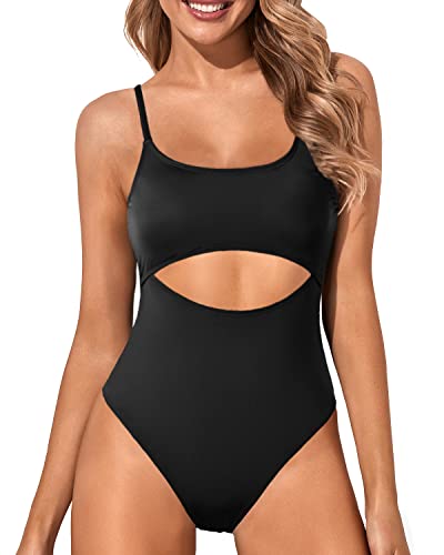 Women's Cutout Lace Up Strappy One Piece Swimsuit-Black