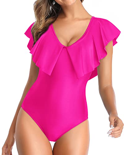 Modest Coverage One Piece Swimsuit For Women-Neon Pink