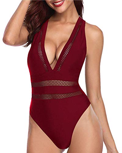 Women's Plus Size Long Torso One Piece Hollow Out Swimsuits-Maroon