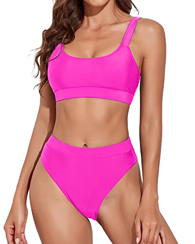 Women High Cut Cheeky Design Bikini High Rise Athletic Bikini-Neon Pink