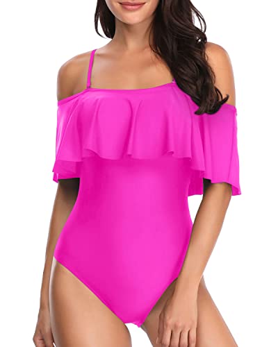 Off Shoulder Slimming Vintage One Piece Swimsuits-Neon Pink