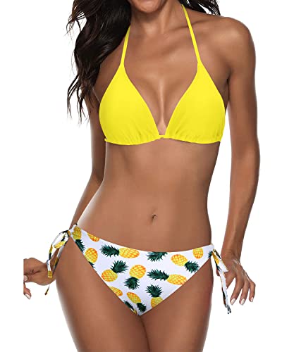 Adjustable Ties At Neck & Back Triangle Bikini For Summer Beach-Yellow Pineapple