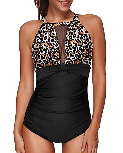 Flattering High Neck Push-Up Monokini Swimsuit For Women-Black And Leopard