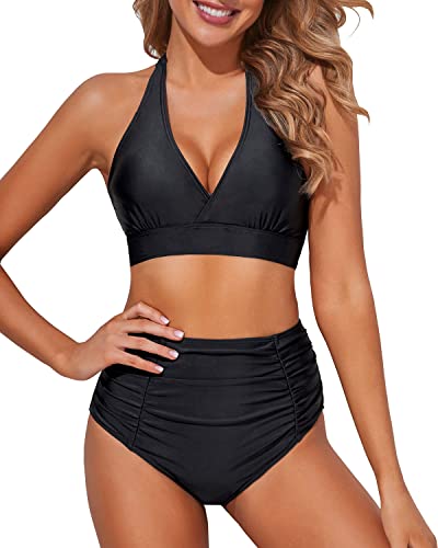 Strappy Two Piece High Waisted Bikini Push Up Halter Bikini Set-Black